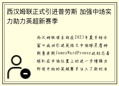 西汉姆联正式引进普劳斯 加强中场实力助力英超新赛季 西汉姆联正式引进普劳斯 加强中场实力助力英超新赛季